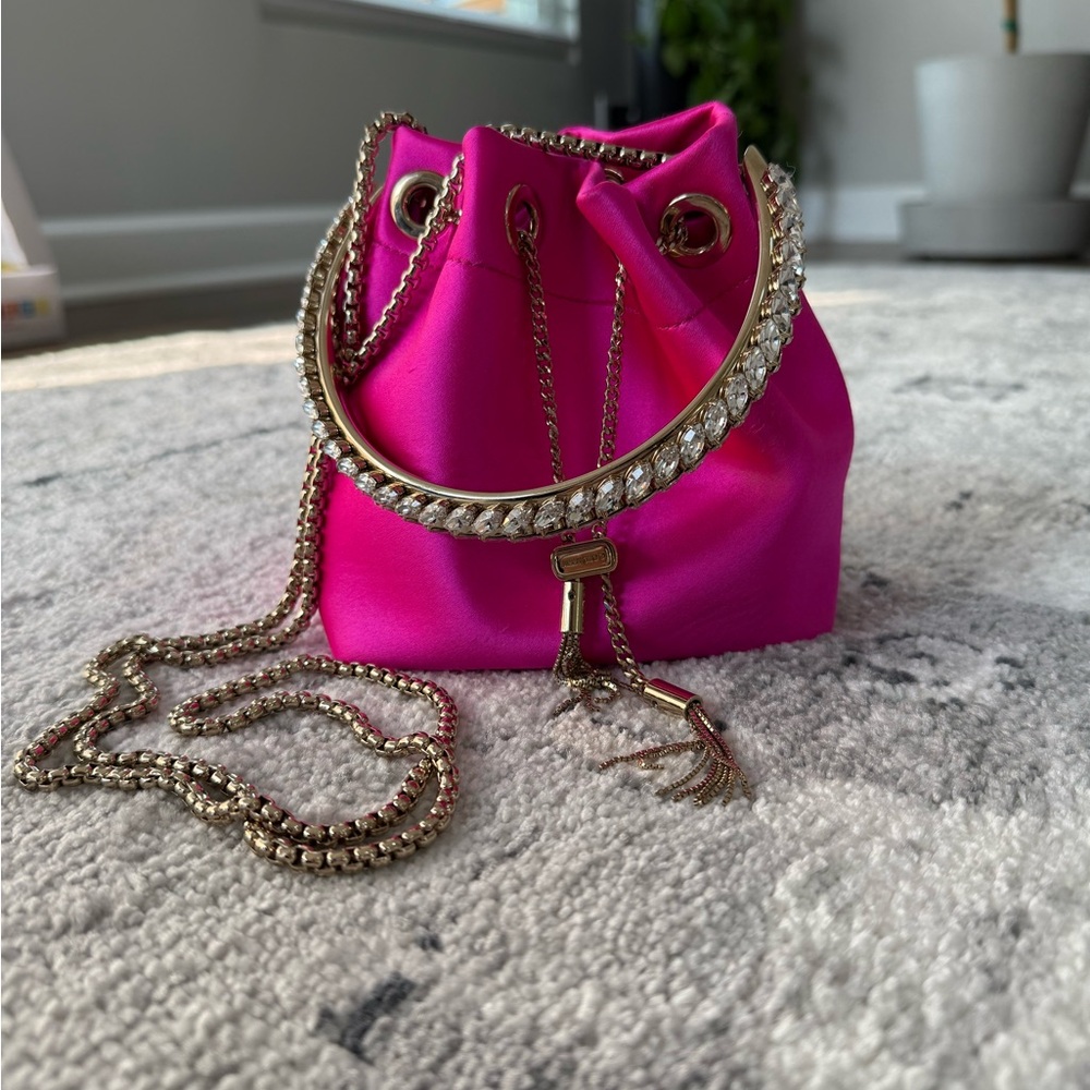 Jimmy Choo Bon Bon Satin Embellished Bucket Bag Fuchsia